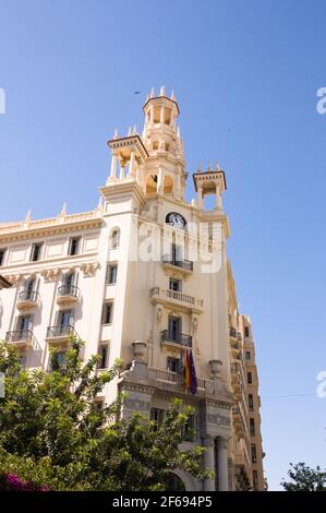 Fassade des Gebäudes im Zentrum der Stadt Valencia bekannt als die Casa del Chavo, Arbeit des Architekten Enrique Viedma Vidal im Jahr 1928 Stockfoto