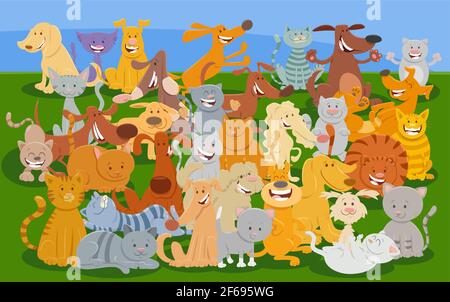 Cartoon Illustration von lustigen Katzen und Hunde Comic-Tierfiguren Gruppe Stock Vektor