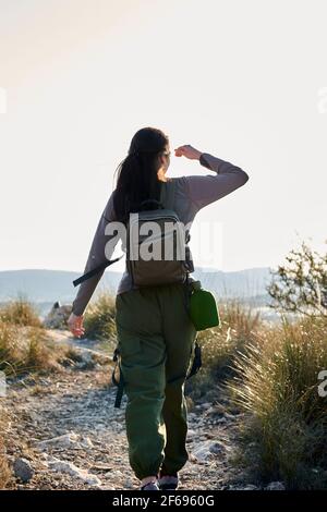 Eine Forscherin spaziert auf einem unbefestigten Weg und beobachtet die Natur Stockfoto