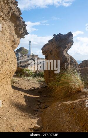 Felsformation und Leuchtturm, Castlepoint, Wairarapa, Nordinsel, Neuseeland Stockfoto