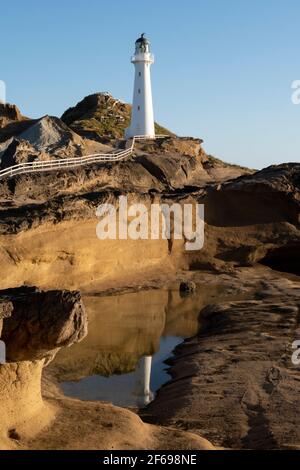 Leuchtturm am Castlepoint, Wairarapa, North Island, Neuseeland Stockfoto