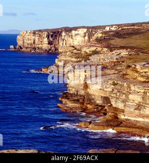 Sandsteinfelsen entlang des Pazifischen Ozeans im Royal National Park, New South Wales, Australien Stockfoto