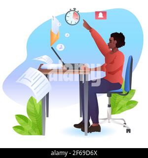 Geschäftsmann, der am Arbeitsplatz an einem Laptop arbeitet, arbeitet hart und arbeitet, arbeitet an einem Terminkonzept Stock Vektor