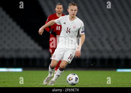 ISTANBUL, TÜRKEI - MÄRZ 30: Andrejs Ciganiks von Lettland während des WM-Qualifikationsspiels zwischen der Türkei und Lettland im Atatürk Olympiastadion auf M Stockfoto