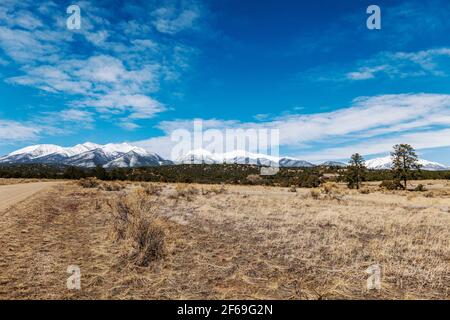 Panoramablick westlich der schneebedeckten Collegiate Peaks, Sawatch Range; Rocky Mountains; von nahe RT. 285 und Buena Vista, Colorado, USA Stockfoto