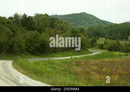 Landschaft im ländlichen Virginia, USA. Unbefestigte Straße in einer abgelegenen hügeligen Gegend. Stockfoto