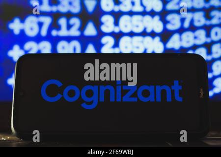 Brasilien. März 2021, 23rd. In diesem Foto Illustration Cognizant Technology Solutions Corporation Logo auf einem Smartphone auf dem Hintergrund eines pc-Bildschirms gesehen. Kredit: Rafael Henrique/SOPA Images/ZUMA Wire/Alamy Live Nachrichten Stockfoto