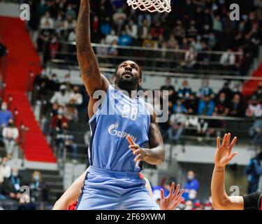 St. Petersburg, Russland. März 2021, 30th. Tarik Black (28), von Zenit sind in Aktion während der 2020/2021 Turkish Airlines EuroLeague regulären Saison Runde 32 gesehen, Spiel zwischen BC CSKA Moskau und Zenit St. Petersburg in der Sibur Arena. (Endnote; Zenit St. Petersburg 74:86 CSKA) (Foto: Maksim Konstantinov/SOPA Image/Sipa USA) Quelle: SIPA USA/Alamy Live News Stockfoto