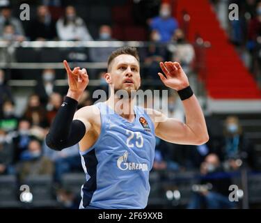 St. Petersburg, Russland. März 2021, 30th. Mateusz Ponitka (25), von Zenit in Aktion gesehen während der 2020/2021 Turkish Airlines EuroLeague regulären Saison Runde 32, Spiel zwischen BC CSKA Moskau und Zenit St. Petersburg in der Sibur Arena. (Endnote; Zenit St. Petersburg 74:86 CSKA) (Foto: Maksim Konstantinov/SOPA Image/Sipa USA) Quelle: SIPA USA/Alamy Live News Stockfoto