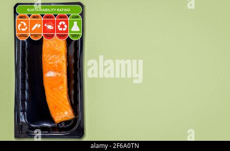 Umweltverträglichkeitsprüfung für Fische mit hoher, mittelhoher und niedriger Bewertung für den CO2-Fußabdruck von Lebensmitteln, verwendete Antibiotika, Auswirkungen auf die Fischerei, Verpackungsabfälle und Stockfoto