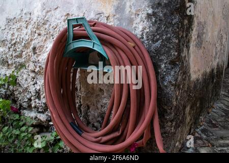 Ein aufgewickelter sienna verbrannte orangefarbenen Gartenschlauch gegen eine alte Backsteinmauer in Bridgetown, Barbados, Gartenpflanzer unten. Nahaufnahme. Stockfoto