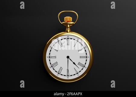 3D Illustration der antiken goldenen Uhr auf schwarzem isoliertem Hintergrund. Stoppuhrsymbol, Logo. Chronometer, Vintage-Timer Stockfoto