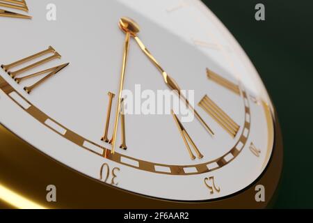 3D Abbildung Nahaufnahme der antiken goldenen runden Uhr auf schwarzem isolierten Hintergrund. Stoppuhrsymbol, Logo. Chronometer, Vintage-Timer Stockfoto