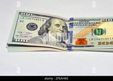 Stapel von 100 Dollar, hundert US-Dollar Hintergrund, selektiver Fokus, vereinigte Staaten Dollar Banknote Stockfoto