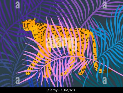 Gepard mit Palmblättern im tropischen Dschungel mit wilden Tieren. Handgezeichnete Vektorgrafik Stock Vektor