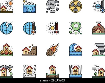 Satz von Symbolen für natürliche, flache Farblinien für Katastrophen. Dürre, globale Erwärmung und mehr. Stock Vektor