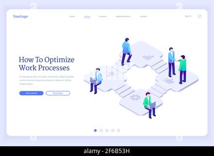 Isometrische Landing Page zur Optimierung des Arbeitsprozesses. Unternehmensproduktivität, Zusammenarbeit, Entwicklung von Marketingstrategien, Geschäftsleute auf Treppen Händeschütteln, Arbeiten auf Laptop, 3D Vektor-Webbanner Stock Vektor