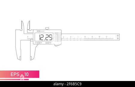 Digitaler Messschieber mit Anzeige und numerischer Skala in Konturausführung mit Linien. Werkzeuge für technische Spezialisten. Flache Vektorgrafik. Stock Vektor
