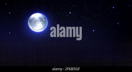 Realistischer Mond im Raum mit Sternen und Transparenz, vollmond-Erdsatellit, Phoebe Astrologie detailliertes Objekt mit Kratern, rundes, leuchtendes Zifferblatt mit leuchtendem Halo am Nachthimmel, 3D Vektorgrafik Stock Vektor
