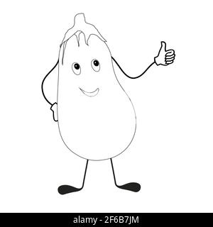 Linienzeichnung. Ein begeisterter, fröhlicher Auberginen Cartoon-Stil Charakter. Isoliert, weiß. Aubergine mit einem Gesicht. Vektor Stock Vektor
