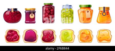 Konfitüren und Brottoasts, Glasbehälter mit Fruchtgelee von Pfirsich, Aprikose, Sanddorn, Kirsche und Kiwi oder Erdbeere. Bunte Gelatine Marmelade in Packungen, bewahren Röhren, Cartoon-Vektor-Set Stock Vektor