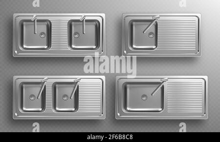 Küchenwaschbecken aus Edelstahl mit Wasserhähnen in der Draufsicht. Vector realistisches Set von leeren Stahl-Waschschüsseln mit Waschtisch-Mixer, Abfluss und Utensil-Abtropffläche. 3D Doppelwaschbecken aus Metall isoliert auf transparentem Hintergrund Stock Vektor