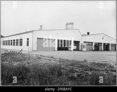 Busgarage in Enebyberg. Stockholm County Omnibus ab, SLO (Stockholm-Råslagens Railway, SRJ). Stockfoto