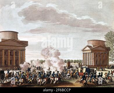 Ausreise der Ex-Deputierten Billaud, Collot und Barrere zur Deportation am 1. April 1795. april 1795 - Départ des ex-députés Billaud, Collot et Barrere Stockfoto