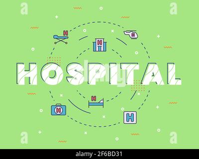 Krankenhaus Typografie rund um medizinische Symbol mit Umriss Stil Vektor-Design Abbildung Stockfoto