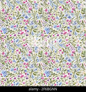 Aquarell nahtloses Blumenmuster. Nahtloses Aquarell-Ornament mit Blättern und Blumen. Stockfoto