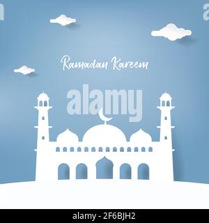 Minimal moderne Papier schneiden Kunst Ramadan Kareem Grußkarte und Vorlage Banner Design mit Moschee Gebäude, Laterne und arabischen Fenster / Tür patte Stock Vektor