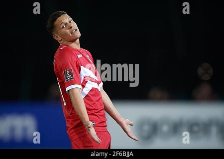 Gibraltar. März 2021, 30th. Gibraltar's Tjay de Barr reagiert beim Qualifikationsspiel der FIFA Fußball-Weltmeisterschaft 2022 zwischen Gibraltar und den Niederlanden im britischen Gibraltar am 30. März 2021. Quelle: Pablo Morano/Xinhua/Alamy Live News Stockfoto