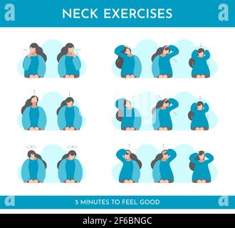 Vektor-flache Abbildung mit Übungen für Hals, Kopf, Schultern, wenn es verletzt. Stretching Aktivität und Selbstmassage von Mädchen . Blaue Farben. Vorlage für Stock Vektor