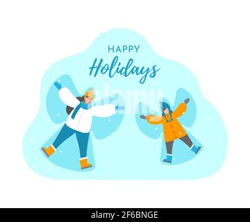 Vector isoliertes Konzept in flacher Ausführung. Weihnachtskarte mit Text Wishing Happy Holidays. Mutter und Tochter liegen auf dem Rücken im Schnee und machen Schnee Engel. Lustig Stock Vektor