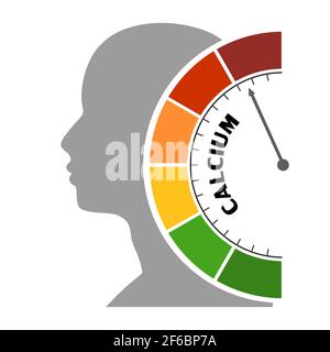 Gradientenskala. Calciumspiegel-Messgerät. Schild Tachometer, Tachometer, Anzeigen. Infografik Messelement. Kopf des Mannes Silhouette. Stock Vektor