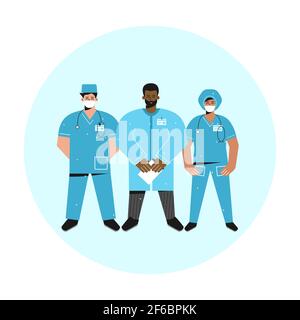 Vektor isolierte Illustration mit flachen Cartoon Ärzte. Ein glückliches, lächelndes internationales Team von Sanitätern und Krankenschwestern ist in blauer medizinischer Uniform gekleidet Stock Vektor