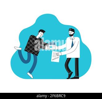 Vektorkonzept. Cartoon-Kunde nach Hause aus den Händen der Hypothek Broker. Erfolgreicher Abschluss. Glücklicher junger Mann halten akzeptierten Vertrag nach Bank genehmigt Stock Vektor