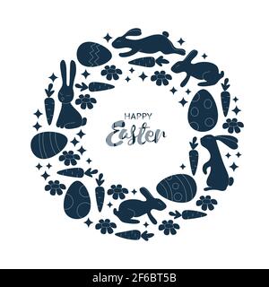 Hand Lettering Happy Easter Karte. Einfarbiger Kranz mit Hasen, Blumen, Eiern. Stempel Stock Vektor