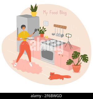 Food Blogger steht am Herd in der Küche. Video online Kochkurse. Frau teilt Rezepte mit Anhängern. Weibliche Influencer Drehstunde vor der Kamera Stock Vektor