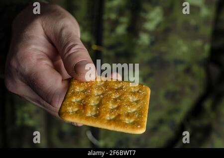 Die Hand eines Soldaten reicht einen Cracker an die Kamera. Eine Männerhand bietet Nahrung an. Ein erwachsener Mann mittleren Alters in Tarnuniform. Selektiver Fokus. Niedriger ke Stockfoto