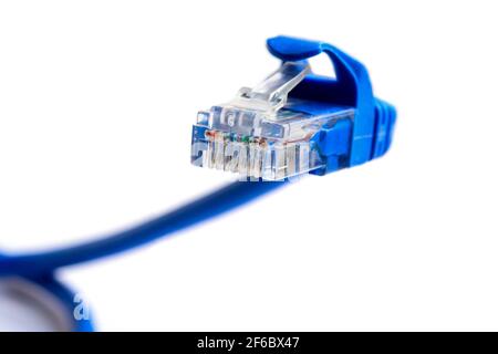 RJ-45-Anschluss auf blauem Patchkabel für Netzwerk-LAN-ethernet-Verbindung. Schlangenförmiger Plug. Nahaufnahme Makro auf weißem Hintergrund isoliert. Stockfoto