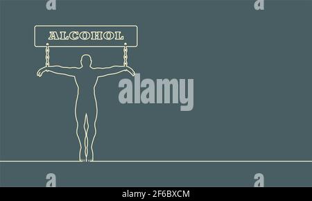 Mann an Alkohol Wort gekettet. Ungesundheitsabhängigkeit Metapher. Dünne Linien Stock Vektor