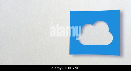 3D Render Icon Kollektion: Ausschnitt aus einem Wolkensymbol auf blauem quadratischem Papier. Weißer Hintergrund. Fließender Schlagschatten und großer Kopierspeicher. Technologie Stockfoto
