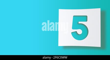 3D Render Numbers Collection: No 5, five, cut out on white Square paper on turquoise background. Fließender Schlagschatten und großer Kopierspeicher. Abbildung Stockfoto