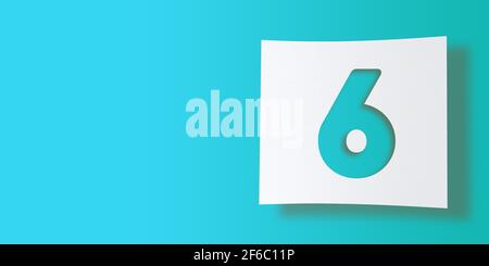 3D Render Numbers Collection: No. 6, Six, ausgeschnitten auf weißem quadratischem Papier auf türkisfarbenem Hintergrund. Fließender Schlagschatten und großer Kopierspeicher. Abbildung Stockfoto