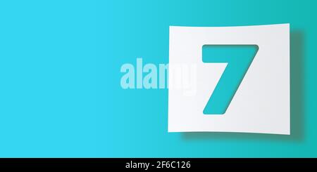 3D Render Numbers Collection: No.7,Seven cut out on white Square paper on turquoise background. Fließender Schlagschatten und großer Kopierspeicher. Abbildung Stockfoto