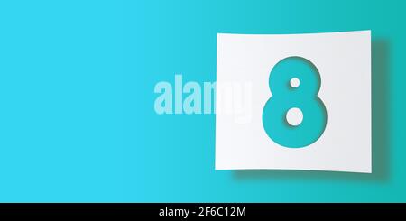 3D Render Numbers Collection: No 8,Eight, ausgeschnitten auf weißem quadratischem Papier auf türkisfarbenem Hintergrund. Fließender Schlagschatten und großer Kopierspeicher. Abbildung Stockfoto