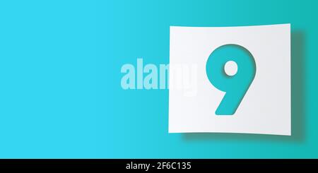 3D Render Numbers Collection: No.9, nine, ausgeschnitten auf weißem quadratischem Papier auf türkisfarbenem Hintergrund. Fließender Schlagschatten und großer Kopierspeicher. Abbildung Stockfoto