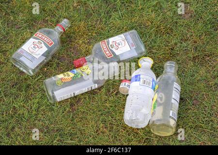 Birmingham, West Midlands, Großbritannien. 31. März 2021. Ein Meer von Müll wurde heute Morgen über den Cannon Hill Park gestreut, nachdem Dutzende Menschen bei den Rekordtemperaturen im März gestern zum Sonnenbaden kamen. Glasflaschen, Hippie-Crack-Gaskannister und BBQ's wurden auf dem Gras abgeladen. Eine Kanadische Gans wackelte fast ungläubig durch das herzzerreißende Chaos, was ihr Zuhause geworden ist. Auch die Abfallbehälter waren überfüllt mit Müll. PIC by Credit: Stop Press Media/Alamy Live News Stockfoto