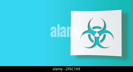 3D-gerendertes Icon-Konzept: Isoliertes Bio-Gefahrensymbol auf weißem quadratischem Papier ausgeschnitten. Türkisblauer Hintergrund mit großem Kopierbereich. Illustriert Stockfoto